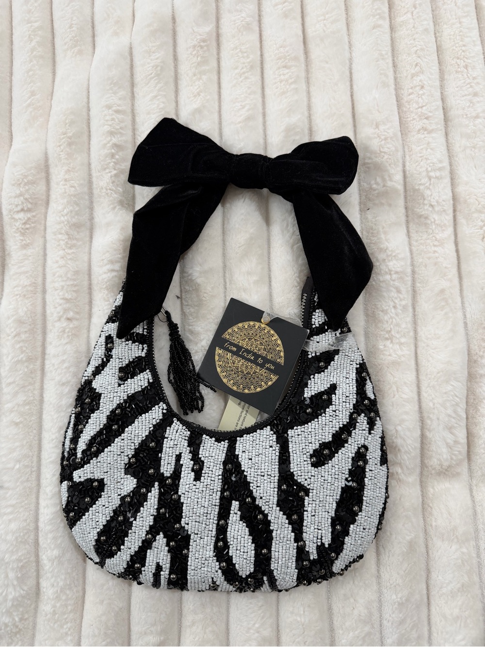 Black & White Beaded Zebra Print Bow-Handle Bag